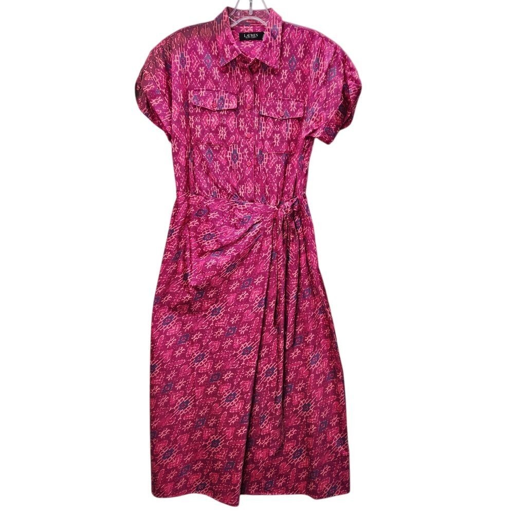 Lauren Ralph Lauren Midi Dress Womens 4 Pink Aztec Geo-Print Shantung Tie-Waist